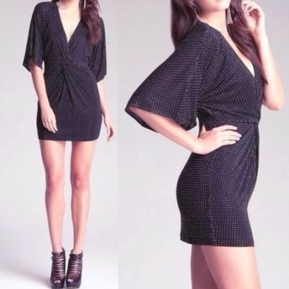 💋 bebe black deep v silver stud dress L new RARE 💋